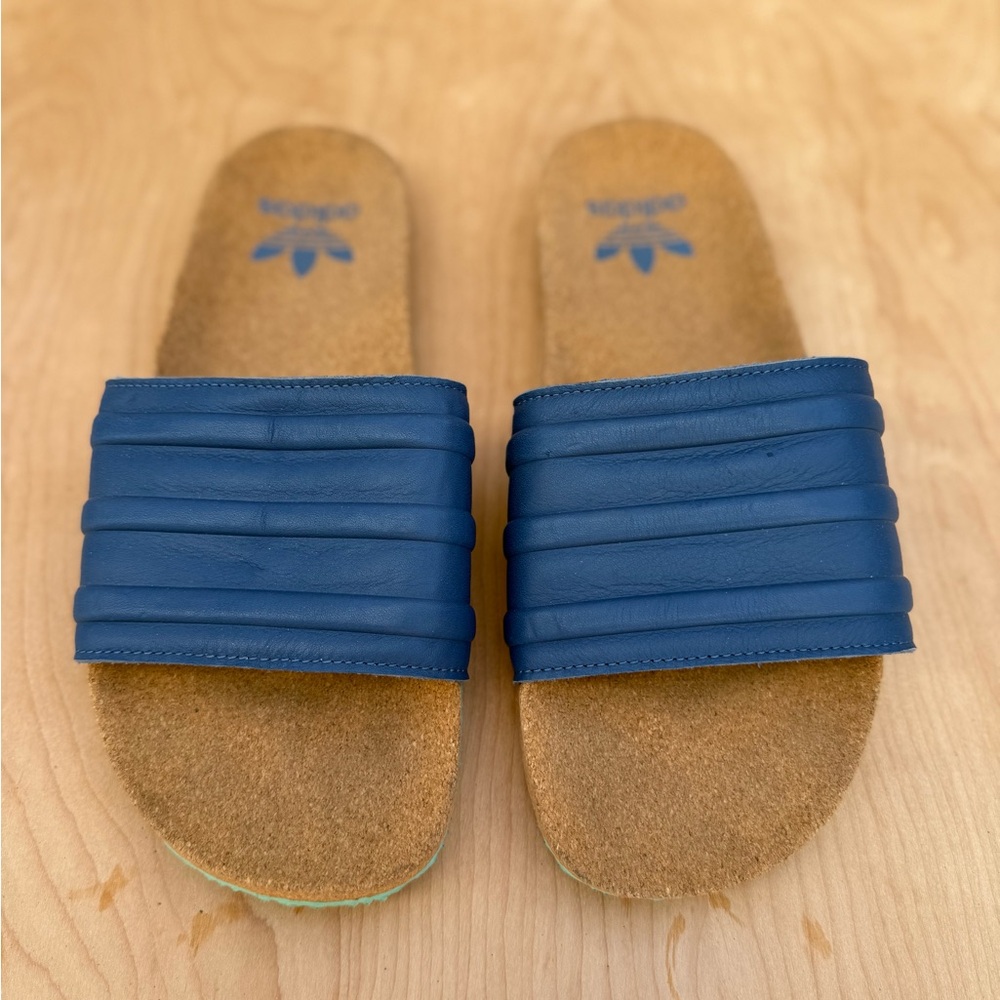Adidas Blue Slides with Tan Sole